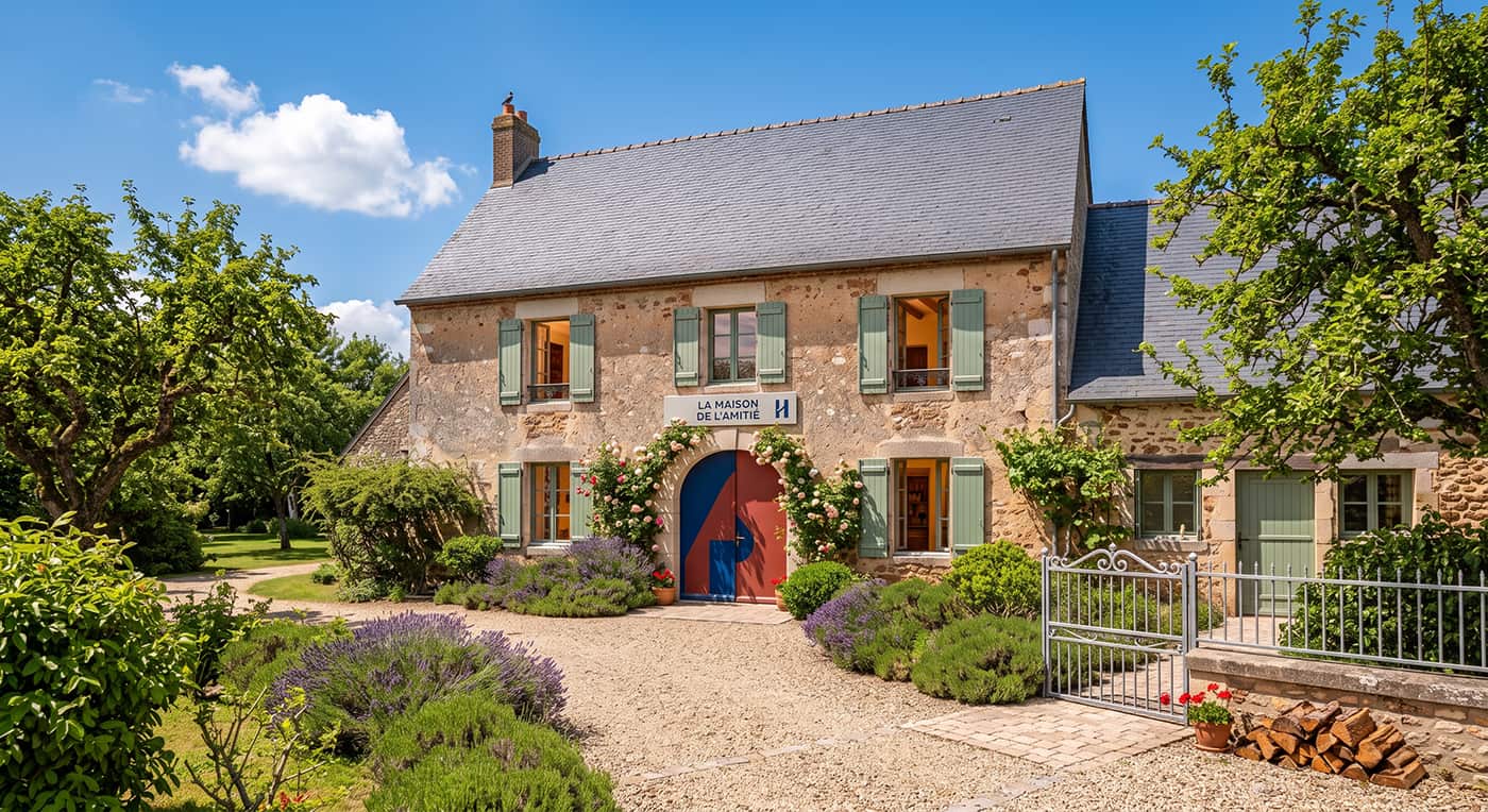La Maison de l'Amitié: a stone farmhouse in Château-Thierry with green shutters, lavender beds and a blue-and-red front door.