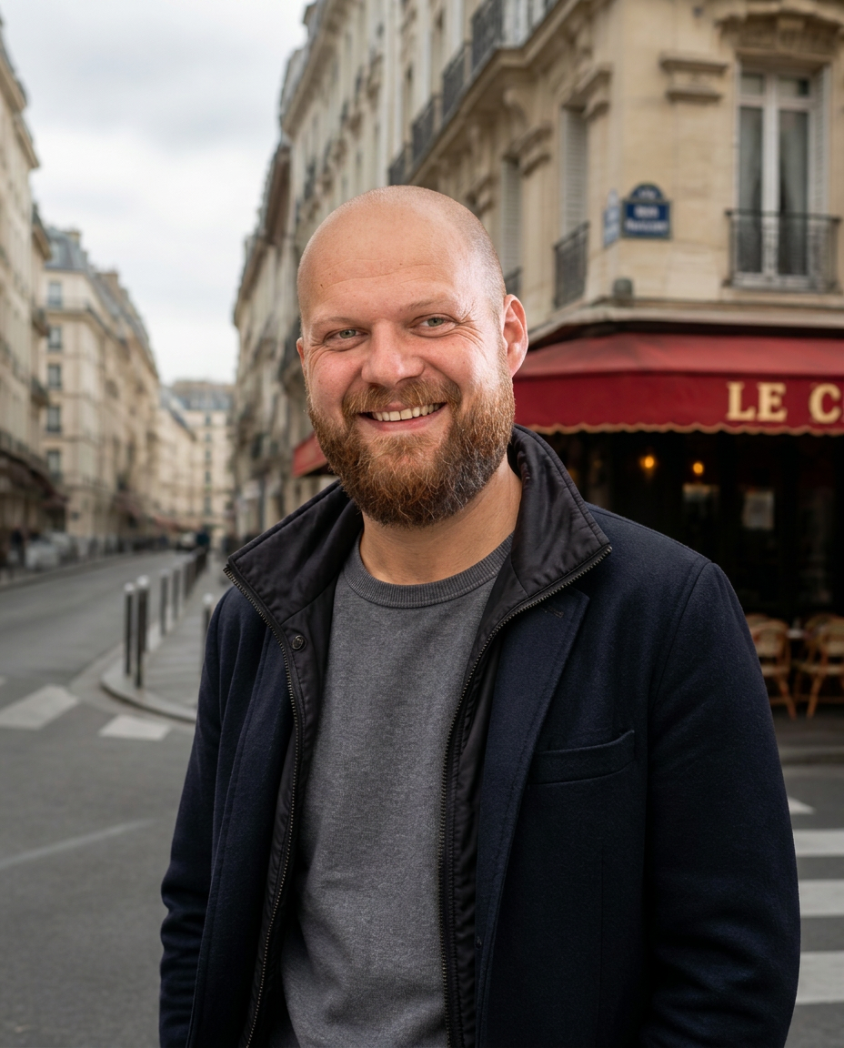 Adam T. Anderson, founder of The Friendship House, standing on a French city street