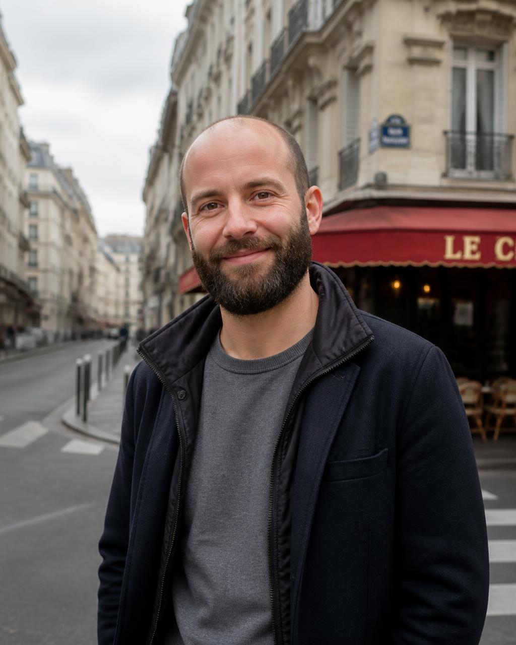 Adam T. Anderson, founder of The Friendship House, standing on a French city street.