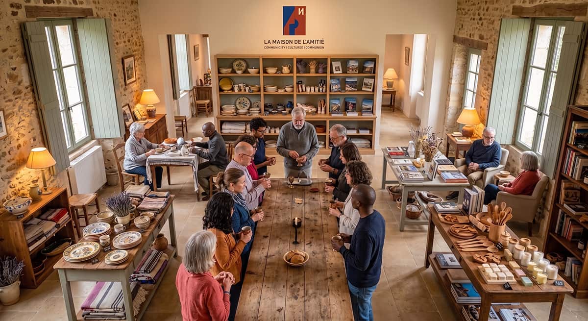Members and neighbours gathered around the long table in the front room of La Maison de l'Amitié, Château-Thierry