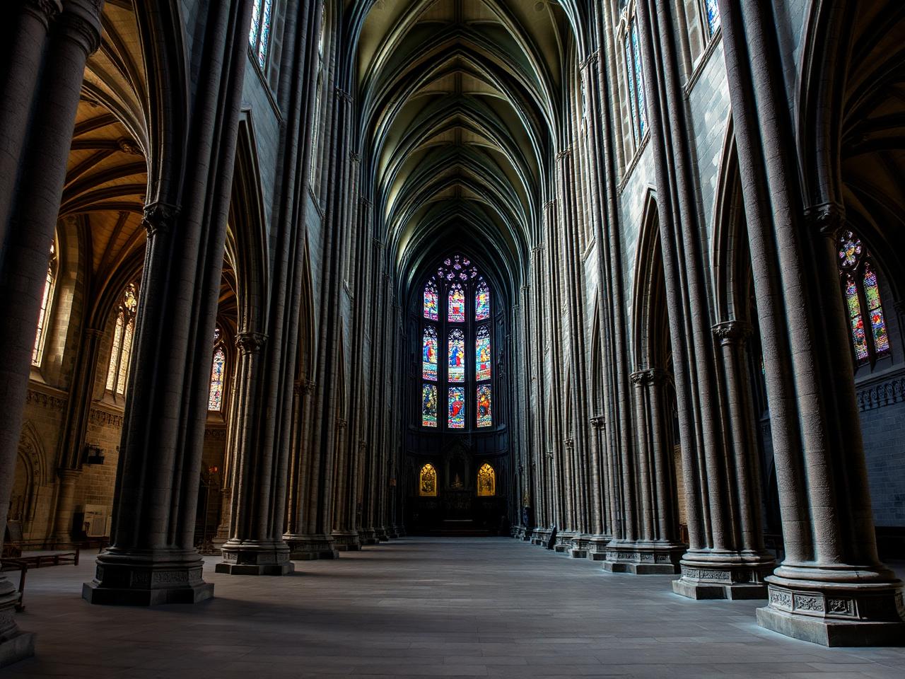 Interior of a gothic cathedral with tall stone columns and coloured light from stained glass.