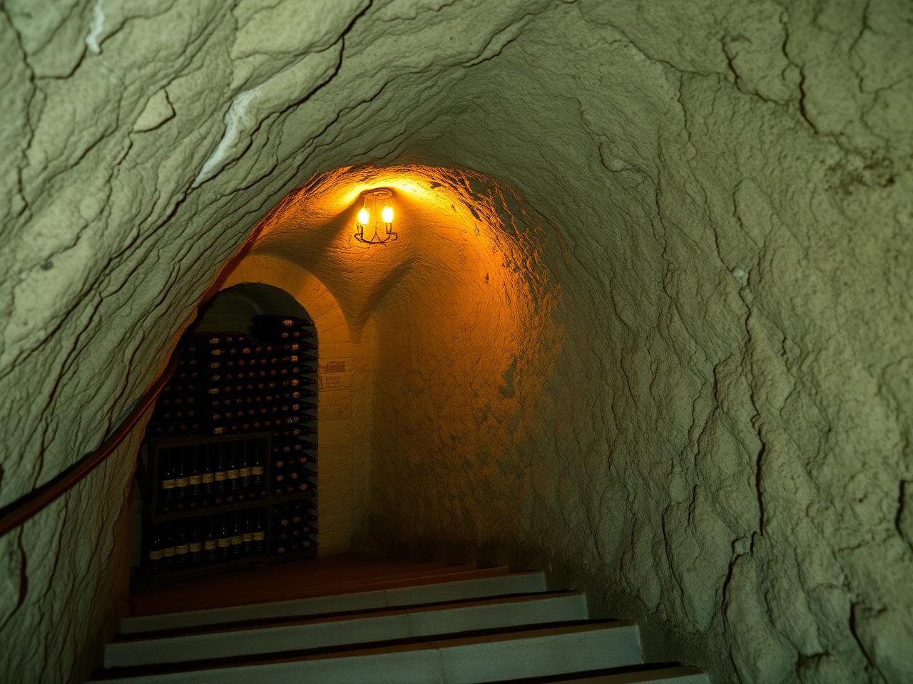 Vaulted chalk cellar in Champagne with rows of dusty bottles under a single warm lamp.