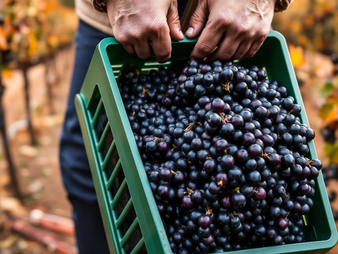 Hands lifting a green crate full of dark harvested grapes in a vineyard on an autumn morning.