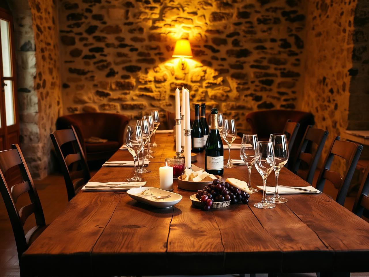 Long wooden tasting table in a French stone room with champagne glasses, bottles, bread and cheese under warm lamp light.