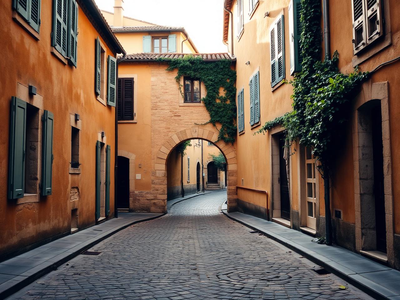 Empty cobbled street of an old French town with honey-coloured stone houses and a stone archway.