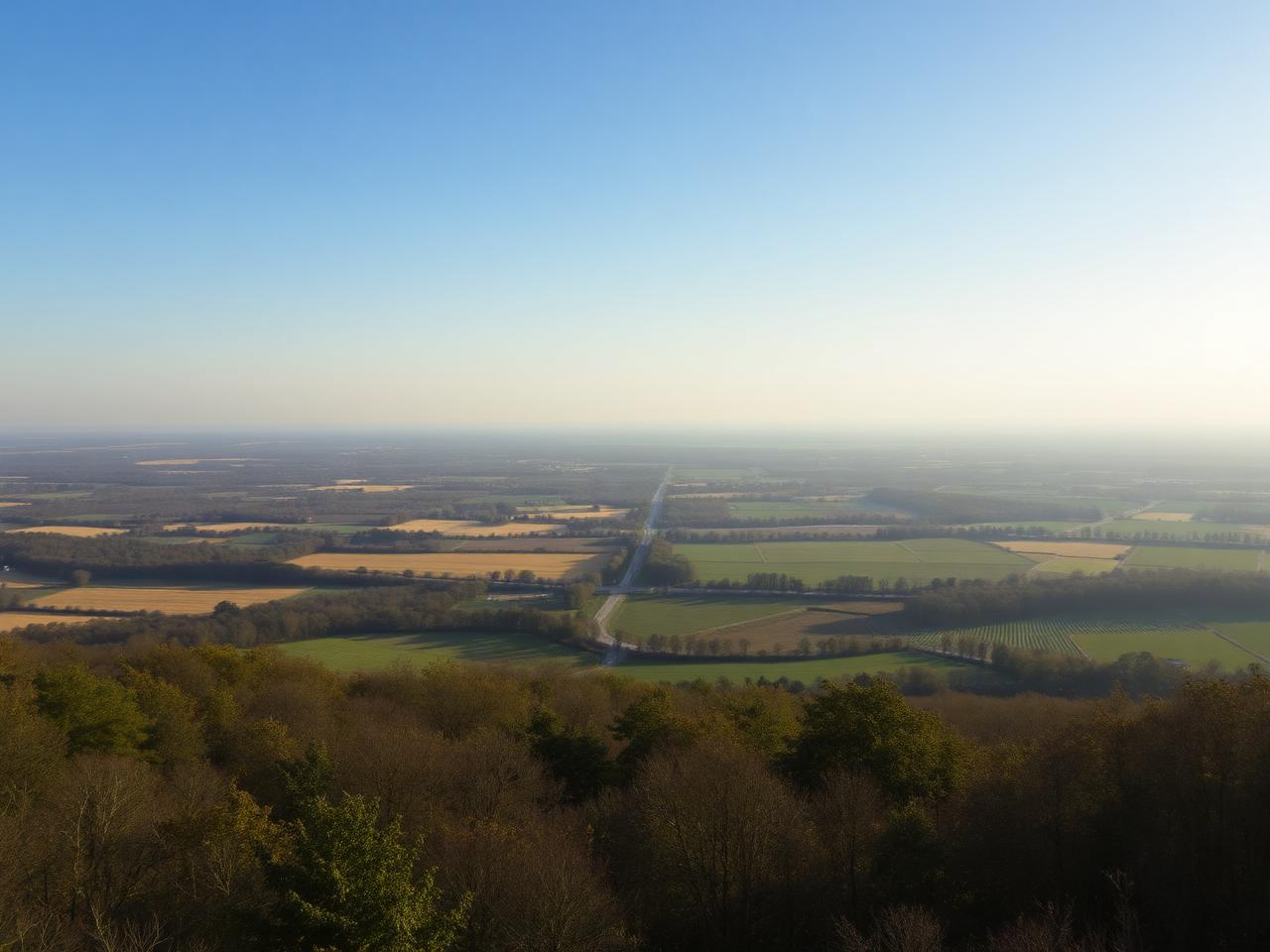 View over the Marne valley from a wooded hilltop, fields and vineyards in afternoon light.