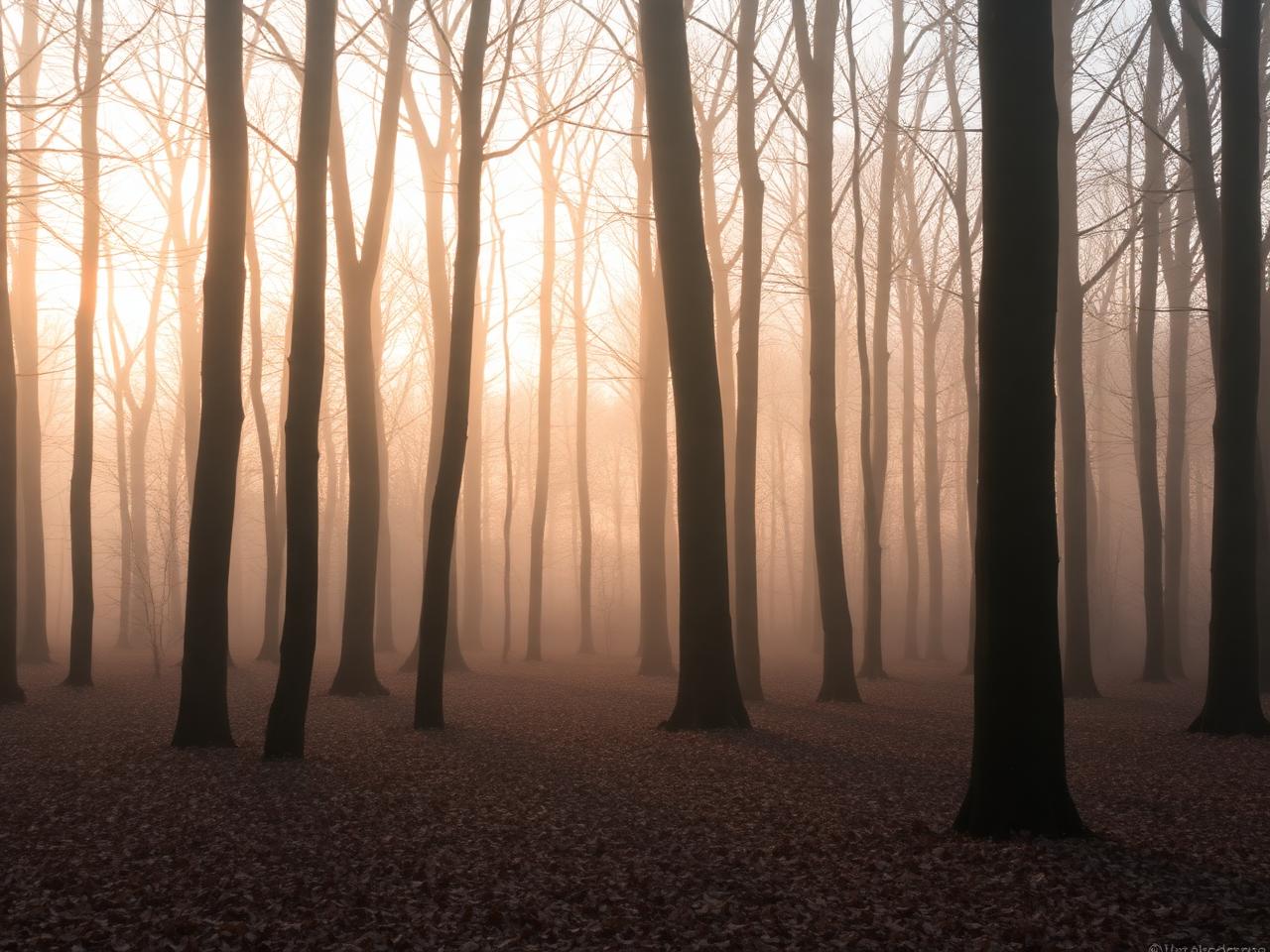 Mist between the pale trunks of a beech wood in northern France at dawn.
